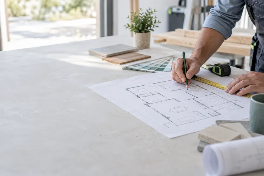Planta e materiais sobre uma bancada de trabalho